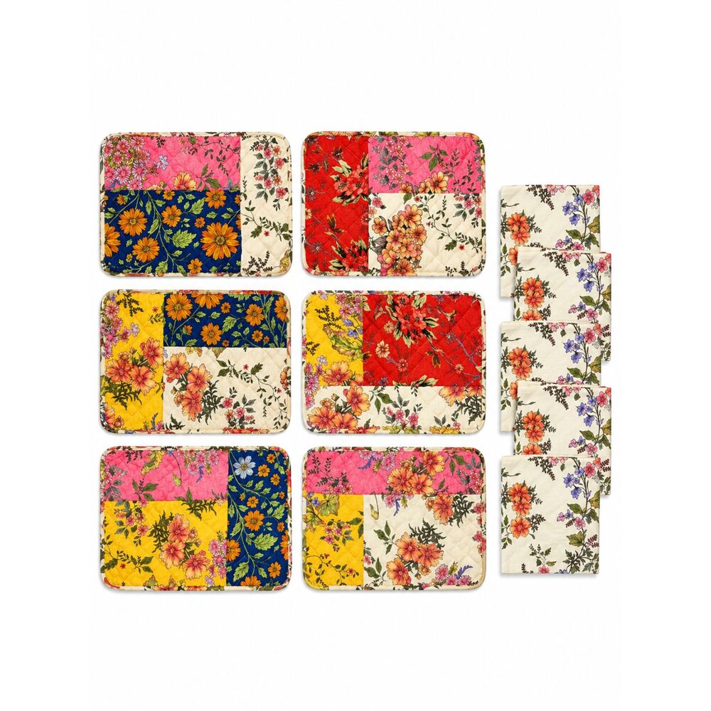NEW Quilted Placemat & Floral Napkin Gift Set 12 Pc Cotton Grannycore